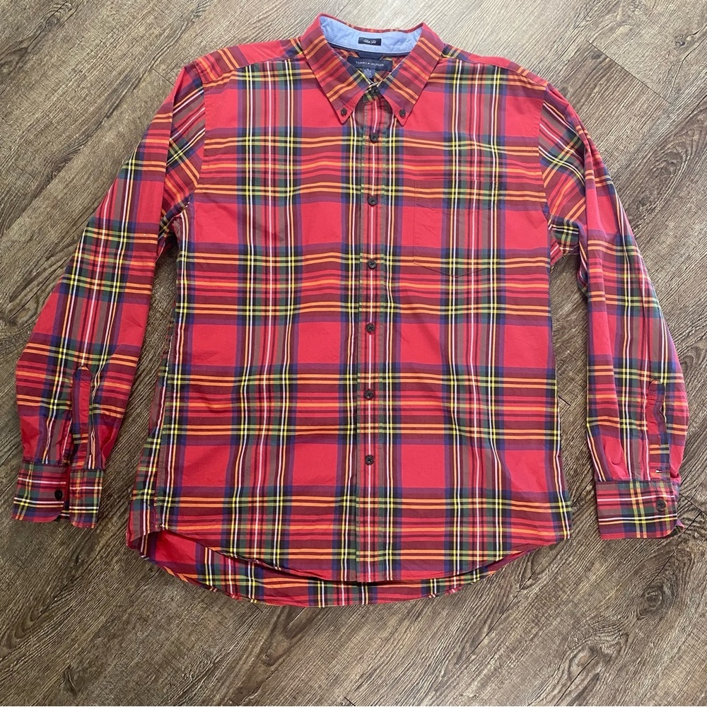 Tommy Hilfgher Shirt Men XL Red Plaid Cotton Long Sleeve Button Down Slim Fit